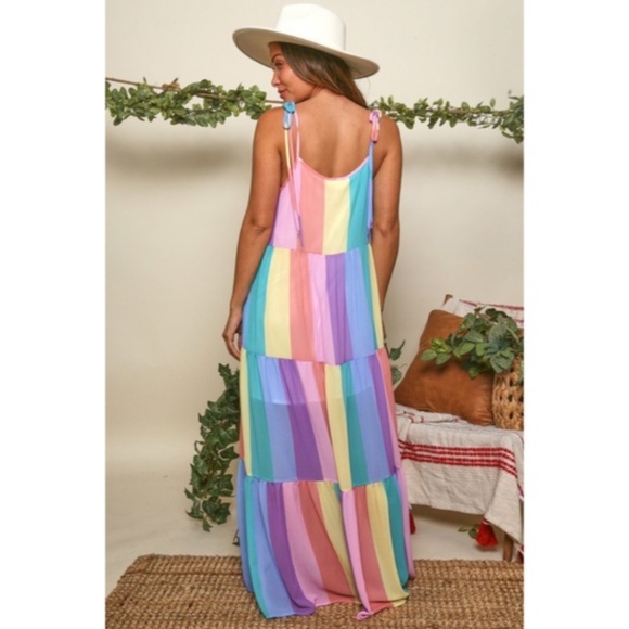 CLEARANCE Rainbow Colorful Multi Color Bright Striped Tiered Tie Shoulder Dress - Picture 8 of 8